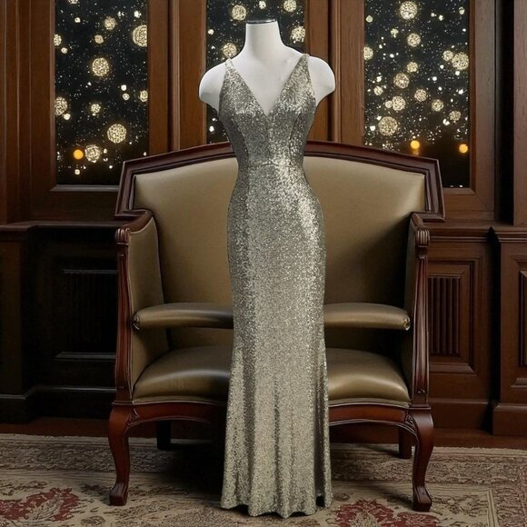 Dress The Population Gold Sequin Gown Size S NWT Formal Evening Prom Gala Party - Picture 1 of 14
